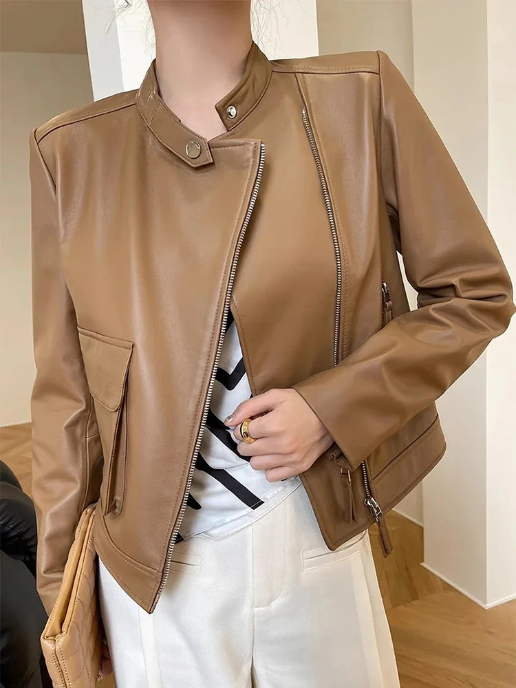 

Genuine Cropped Leather Motorcycle Jacket Women Spring Autumn 2024 Slim Stand Collar Zipper Biker Coat Real Sheepskin Jackets