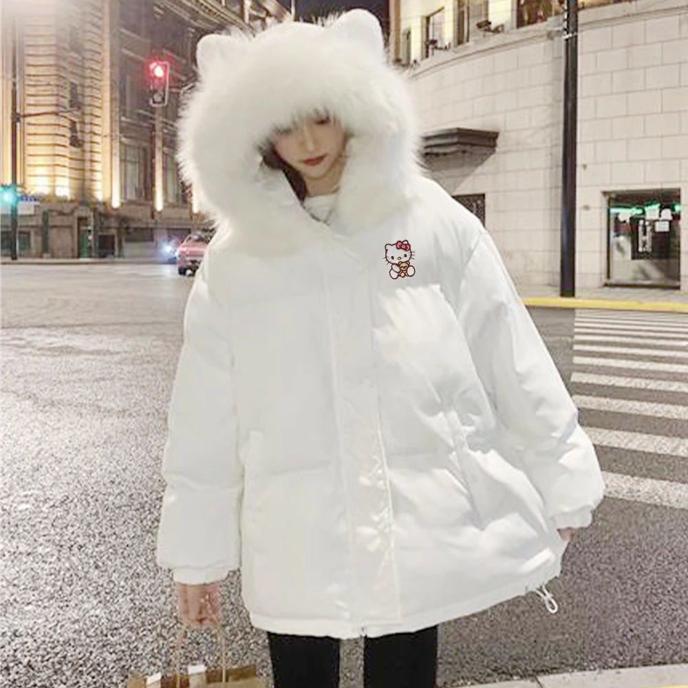 

Sanrioed Hello Kitty Women Down Jacket Cinnamoroll Kawaii Anime Winter Cotton Coat Thickened Warm Upscale Fur Collar Tops Sweet