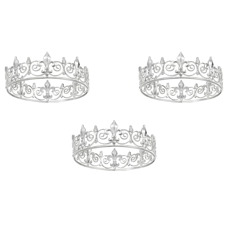 

3x Королевская корона для мужчин-металлические короны и диадемы принца, полная круглая искусственная кожа, средневековый (серебристый цвет)