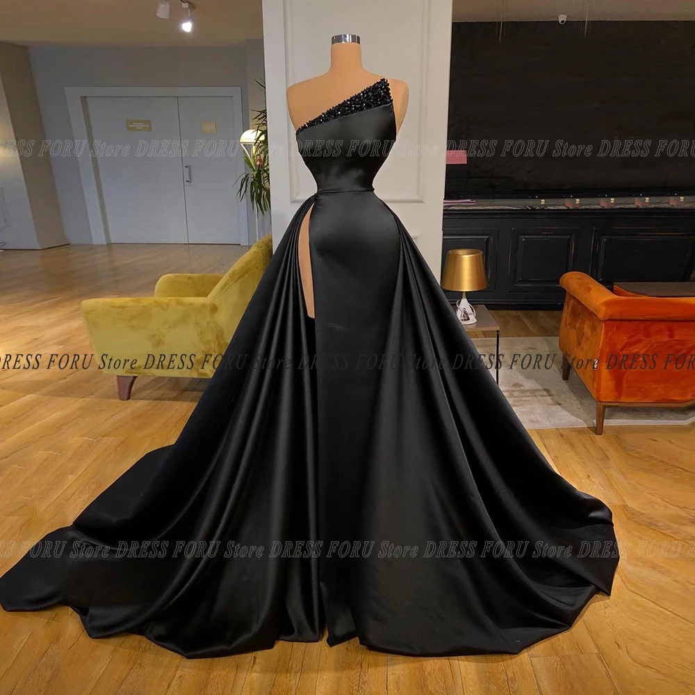 

Black Satin Prom Dresses For Woman Strapless High Slit Long Train Sequin Custom Formal Evening Gown Celebrity Party Robe Soriee