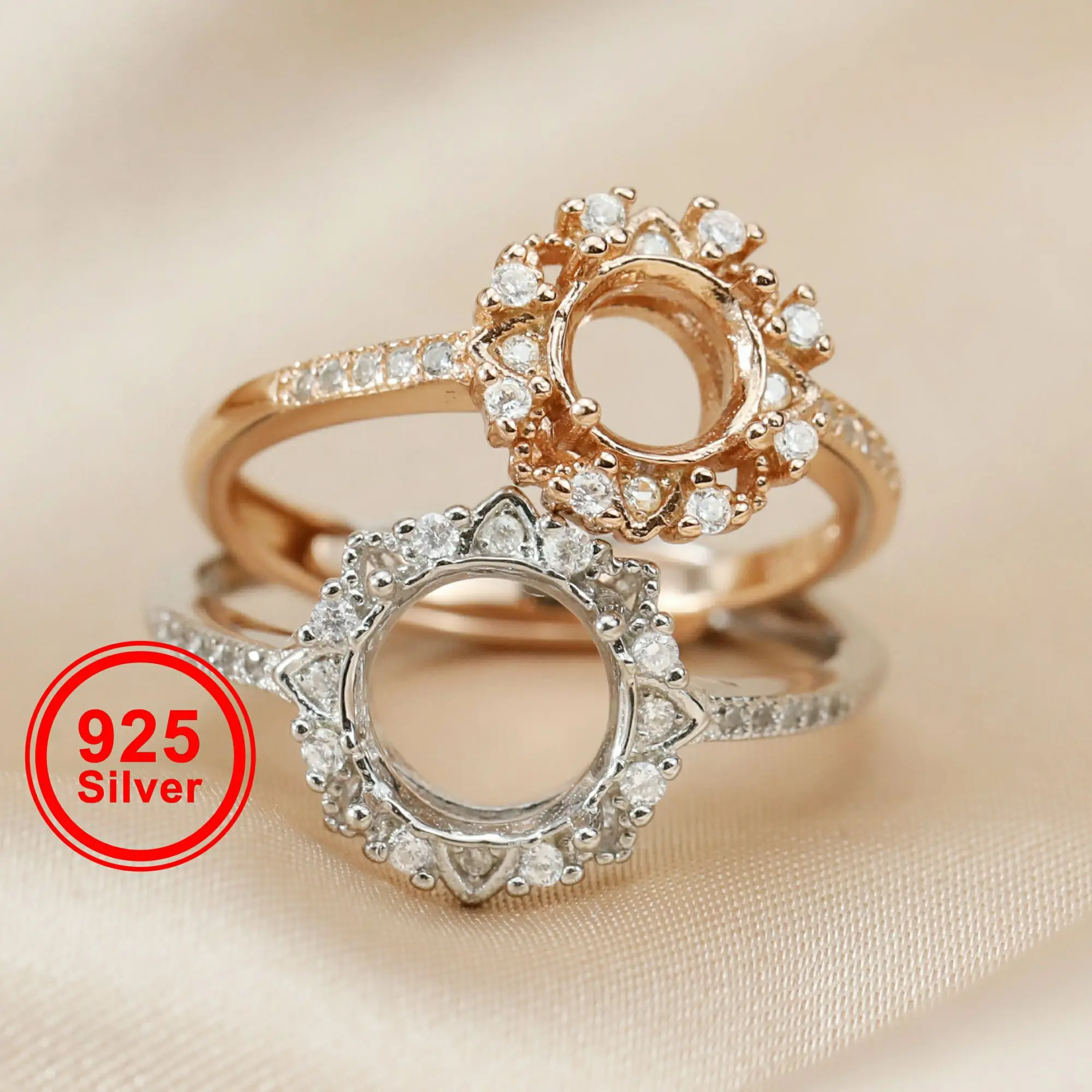 6-8MM Flower Round Prong Bezel Rose Gold Plated Solid 925 Sterling Silver Adjustable Ring Settings Gemstone 1210051 | Украшения и