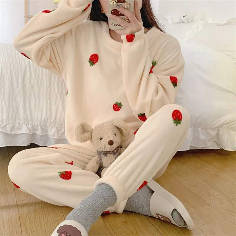 Yasuk Autumn Winter Cute Women's Casual Lovely Strawberry Sweet Girl Warm Soft Sleepwear Loose Pajamas With Pants Flannel Pullov
Yasuk Autumn Winter Cute Women's Casual Lovely Strawberry Sweet Girl Warm Soft Sleepwear Loose Pajamas With Pants Flannel Pullov