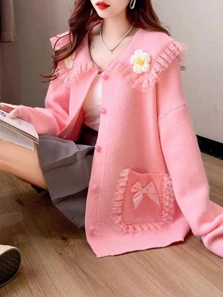 Sweet Peter Pan Collar Pockets Bow Lace Cardigan Sweaters Female Clothing 2024 Autumn Winter New Loose Knitted Young Style Tops Sweet Peter Pan Collar Pockets Bow Lace Cardigan Sweaters Female Clothing 2024 Autumn Winter New Loose Knitted Young Style Tops