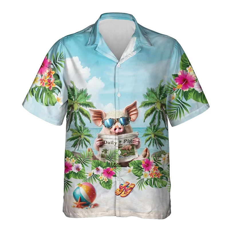 

Пляжная рубашка с забавными животными, свинья, 3D принт, Симпатичные рубашки с рисунком животных для мужчин, одежда, повседневные Гавайские блузки с длинным рукавом для мальчиков