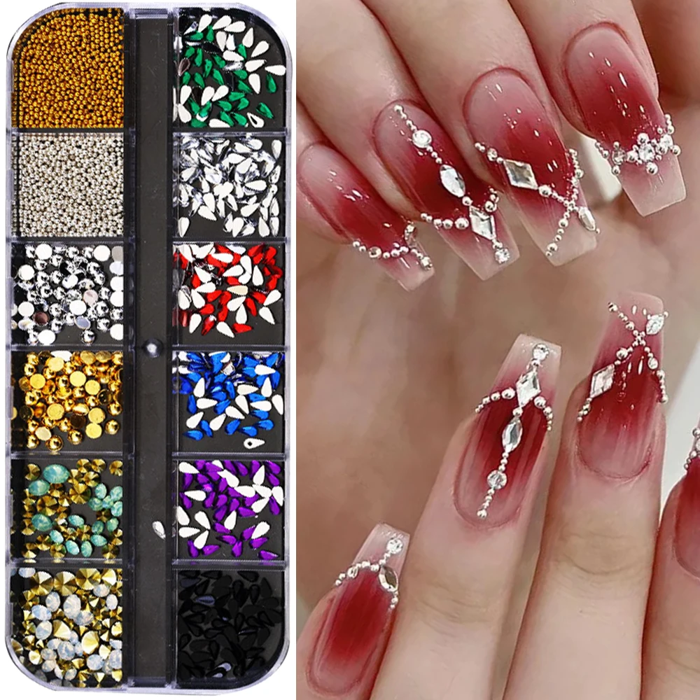 

12 ячеек красочного дизайна ногтей Стразы 3D плоский кристалл для ногтей алмаз DIY разные формы капли воды/овальные/Круглые бриллианты