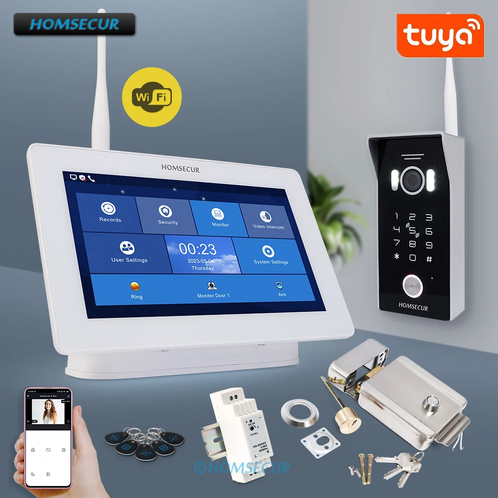 

HOMSECUR 7" Wireless WIFI Tuya Video Doorphone Intercom Door Bell Password/Card Camera Auto Recording With 12V Electric Rim Lock