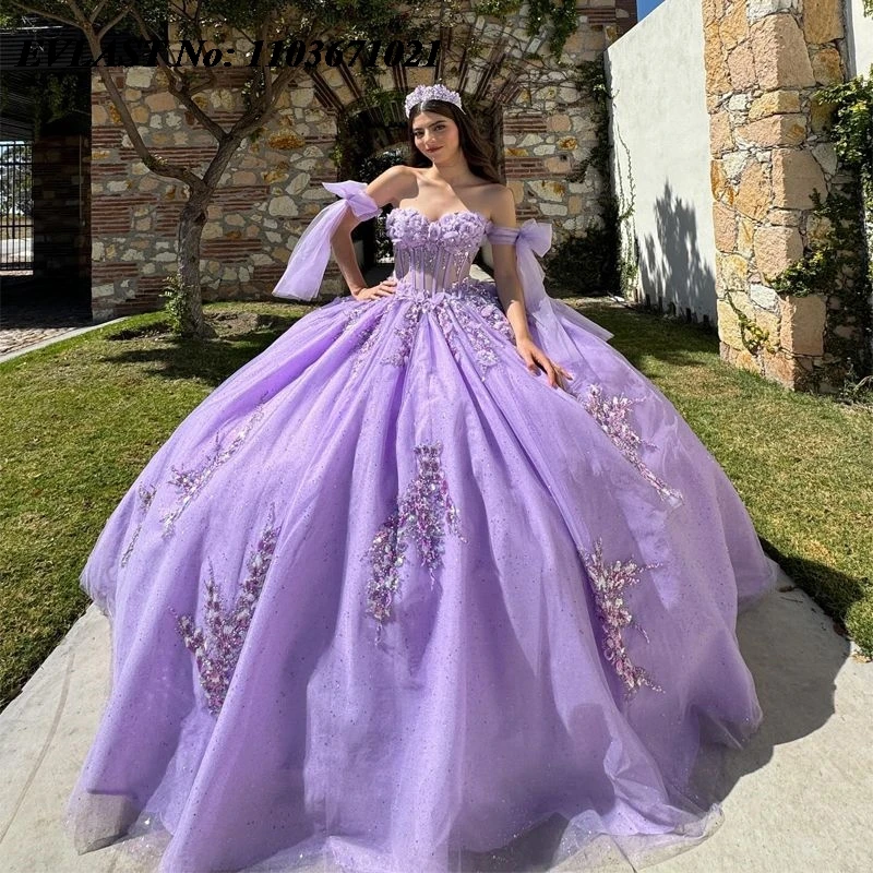 

EVLAST Mexican Lavender Quinceanera Dress Ball Gown Lace Applique Beaded Crystal Corset Sweet 16 Vestidos De XV 15 Anos SQ72