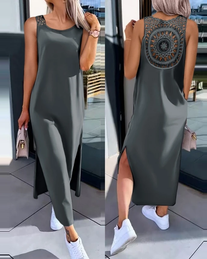 

Womens Dresses 2024 Summer Fashion Slit Hollow-Out Casual Plain Round Neck Sleeveless Daily Straight Mid-Calf Dress