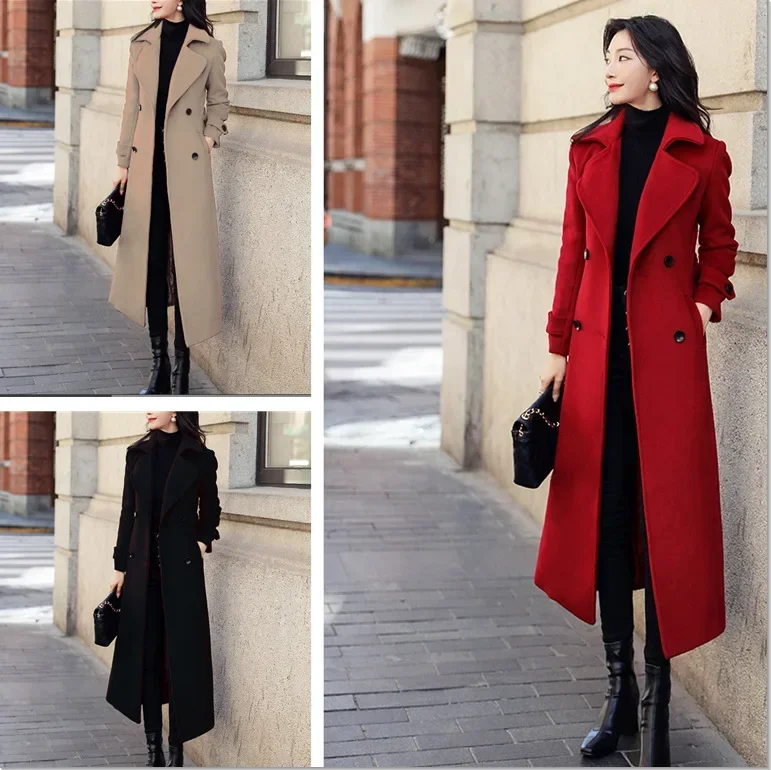 

Wool Mid Length Coats Women Splice Blends Solid Turn Down Collar Full Sleeve Jackets Autumn Winter Double Breasted Thick Warm