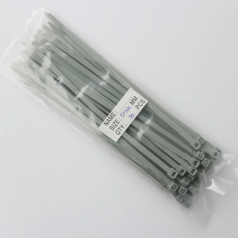 

50pcs grey color Self-locking plastic nylon tie cable tie fastening ring 5X200 cable tie zip wraps strap nylon