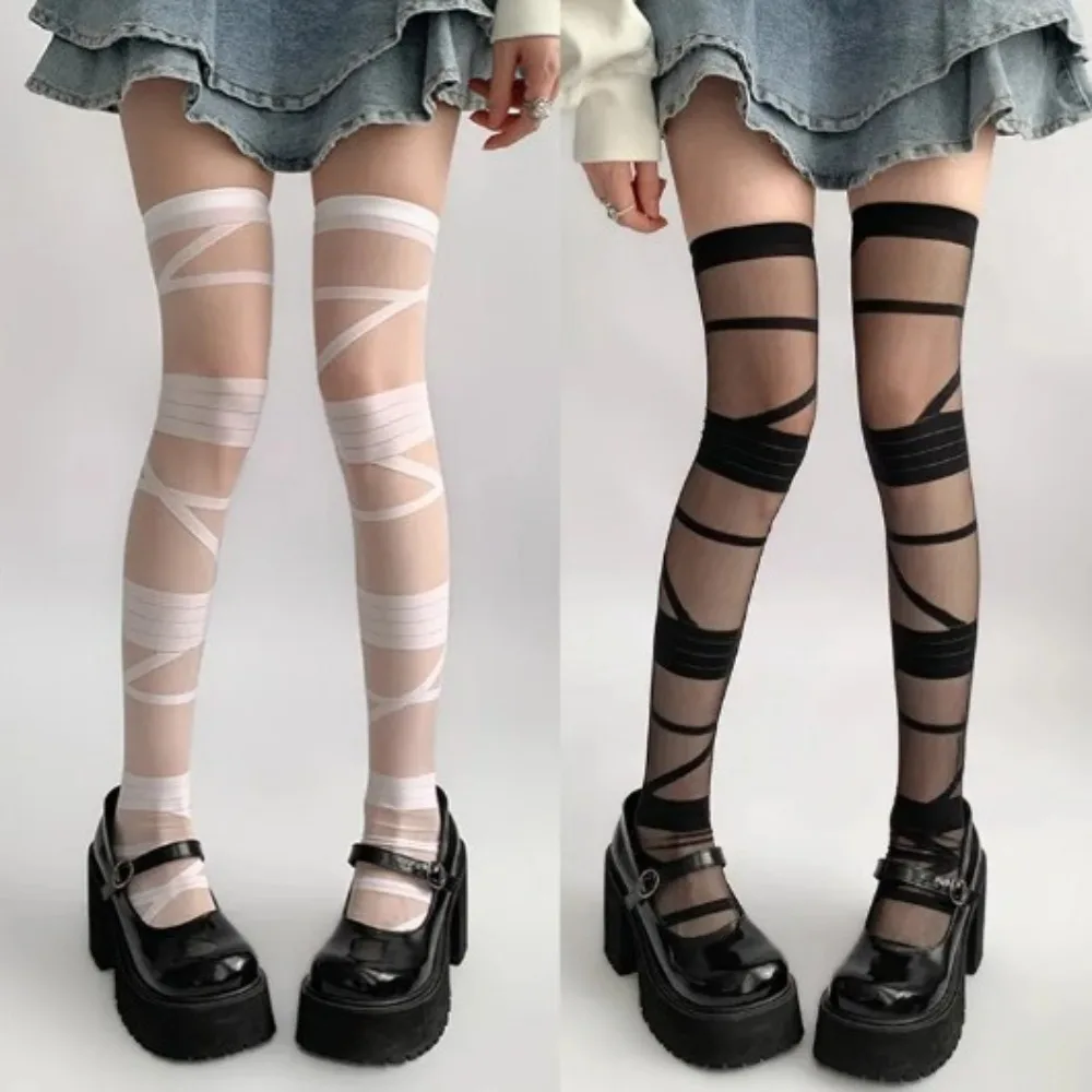 

Ultra-thin Elastic High Tube Long Socks Breathable Lolita JK Style Lady Nylon Transparent Stripe Stockings