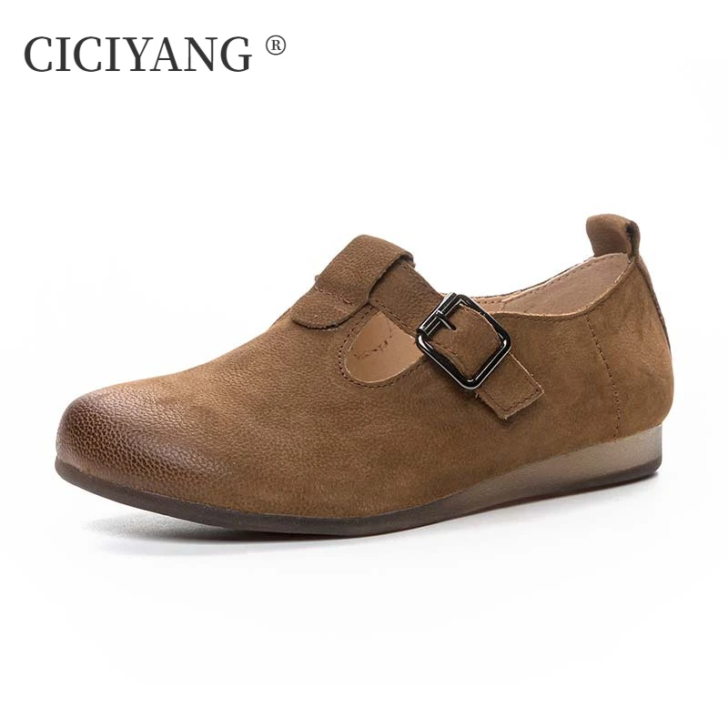 

CICIYANG Handmade Women Spring Flat Shoes All Cowhide 2024 New Retro Soft-soled Ladies Singles Shoes Genuine Leather T-strap