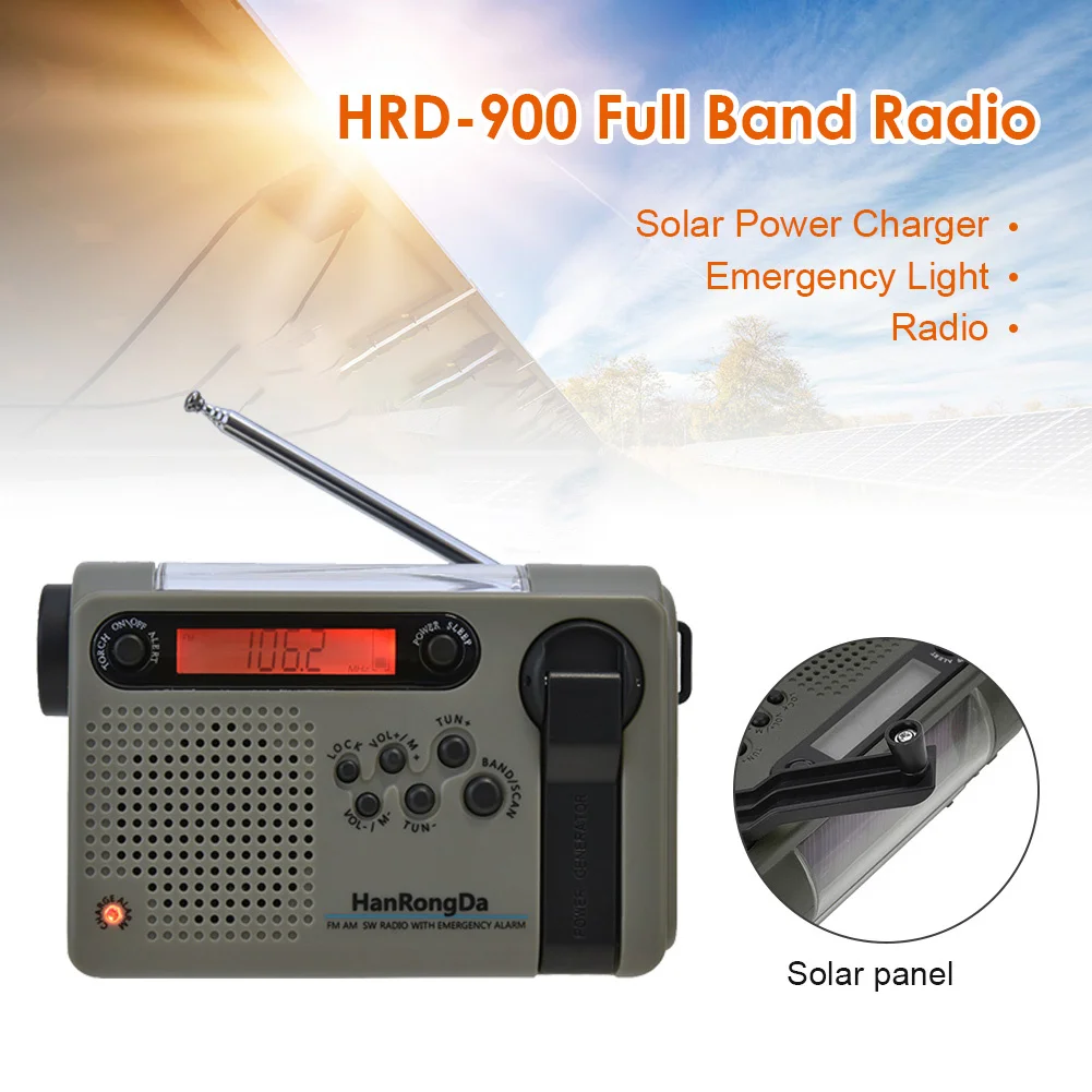 

Портативное аварийное радио HRD900 с батареей 2000 мАч, резервное портативное полнодиапазонное радио, ручной радиоприемник с питанием от солнечной энергии, радио с аварийной сигнализацией