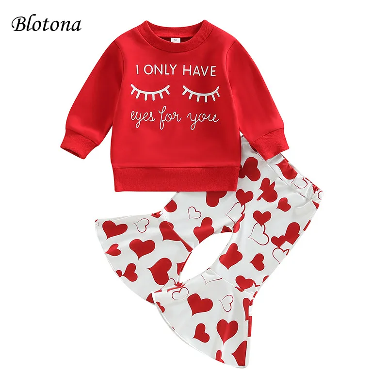 

Blotona Kids Baby Girl Valentine's Day Set, Letter Eye Print Long Sleeve Crew Neck Tops + Heart Flare Pants, 6Months-4Years