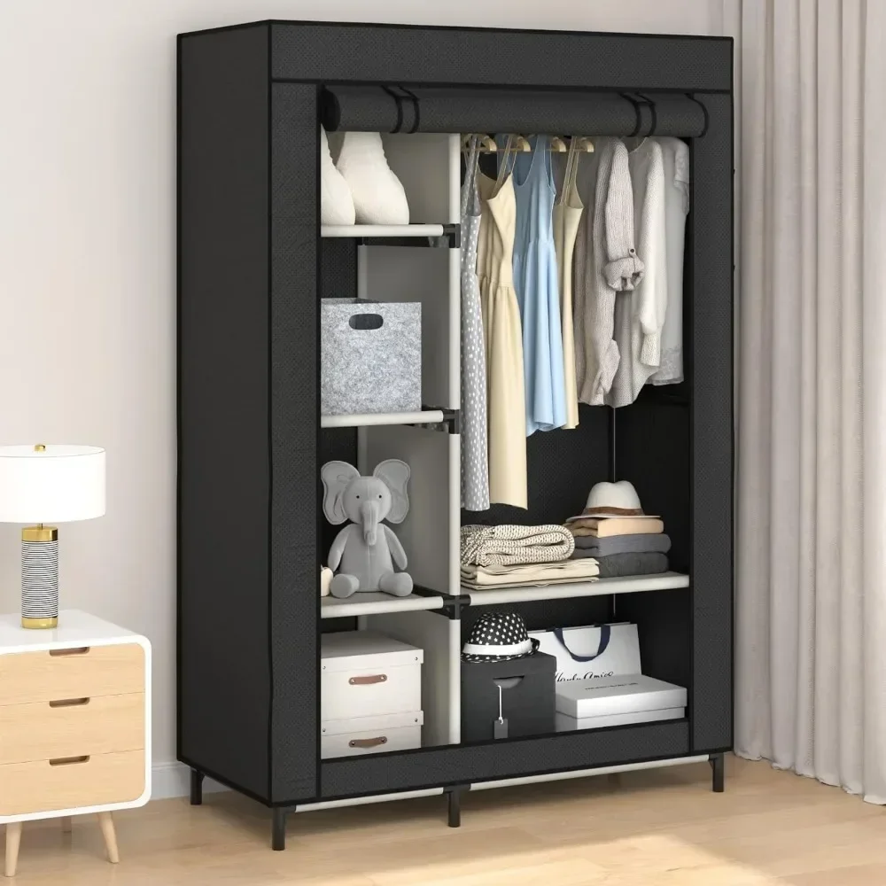 

Canvas Wardrobe Portable Closet Wardrobe Clothes Storage with 6 Shelves and Hanging Rail,Non-Woven Fabric