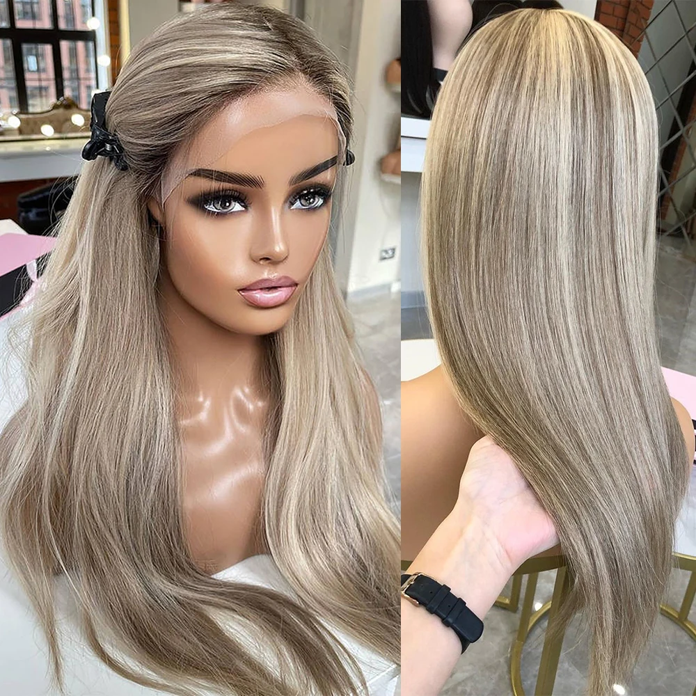 

Highlight HD Lace Front Wig 13x6 Virgin Human Hair Ombre Ash Blonde Straight Full Lace Wigs For Women 200% Dark Roots Preplucked