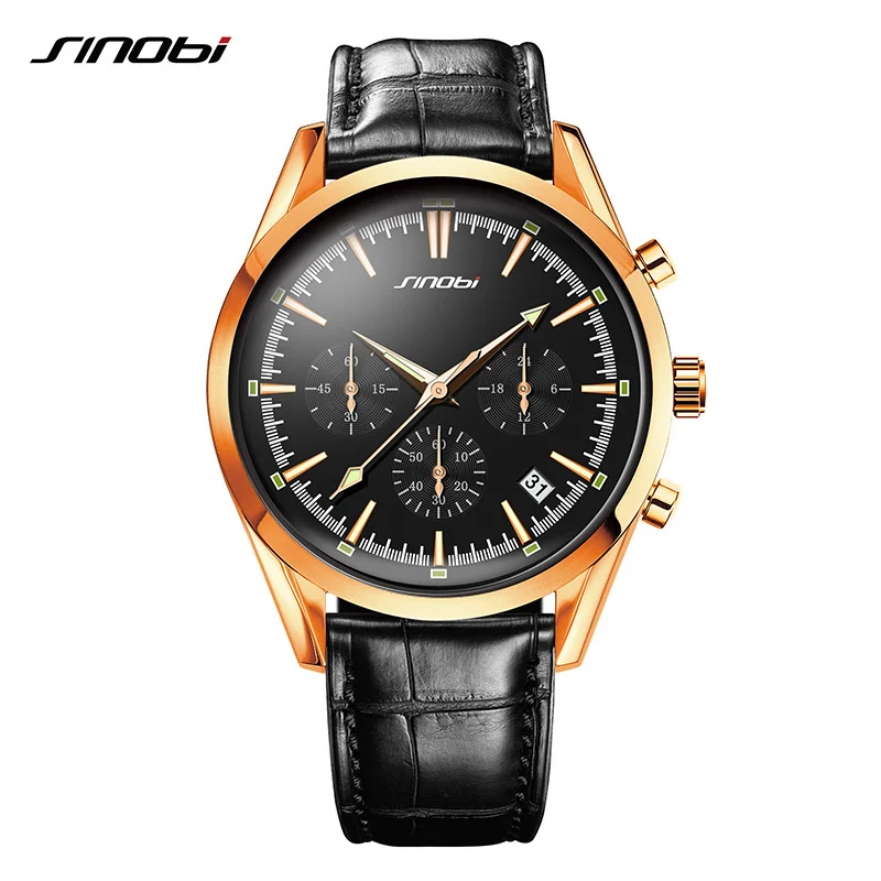 

SINOBI Fashion Luxury Men Quartz Watch 42mm Dial Plate Leather Strap Calendar Sports Waterproof Golden Business Men's Wristwatch
