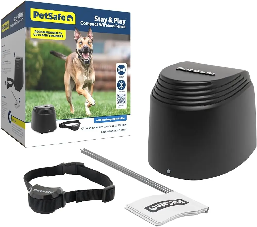 

PetSafe Stay & Play Compact Wireless Pet Fence, No Wire Circular Boundary, Secure up to 3/4 Acre, No-Dig Portable Fencing