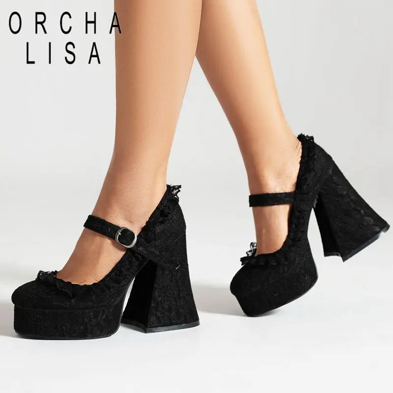 

ORCHA LISA Sexy Female Pumps Round Toe Ultrahigh Heel 12cm Platform Hill 3.5cm Buckle Strap Big Size 43 Mary Janes Party Shoes