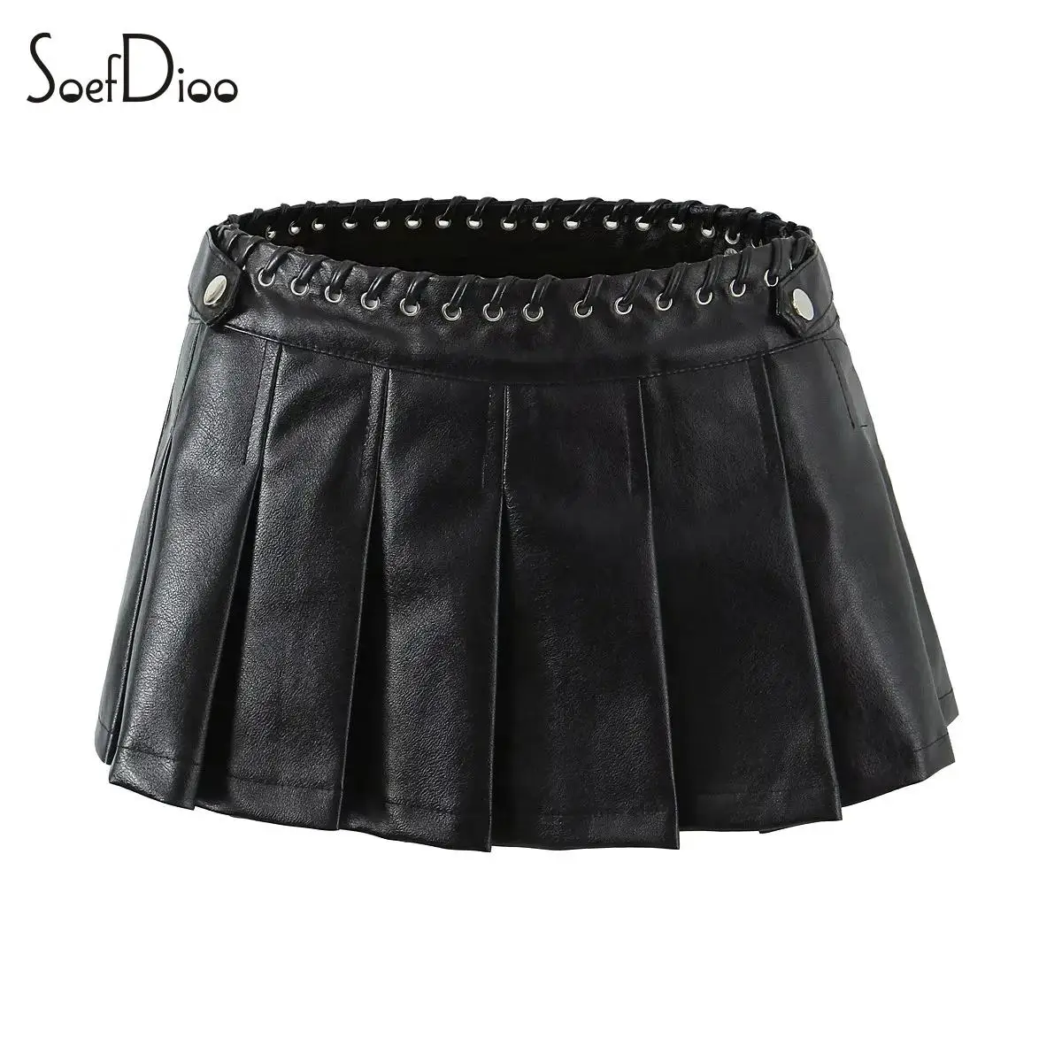 

Soefdioo Pu Leather Vintage Low Waisted Stringing Pleated Hot Mini Skirts Women Autumn 2023 Fashion Party Baddie Streetwear Y2K