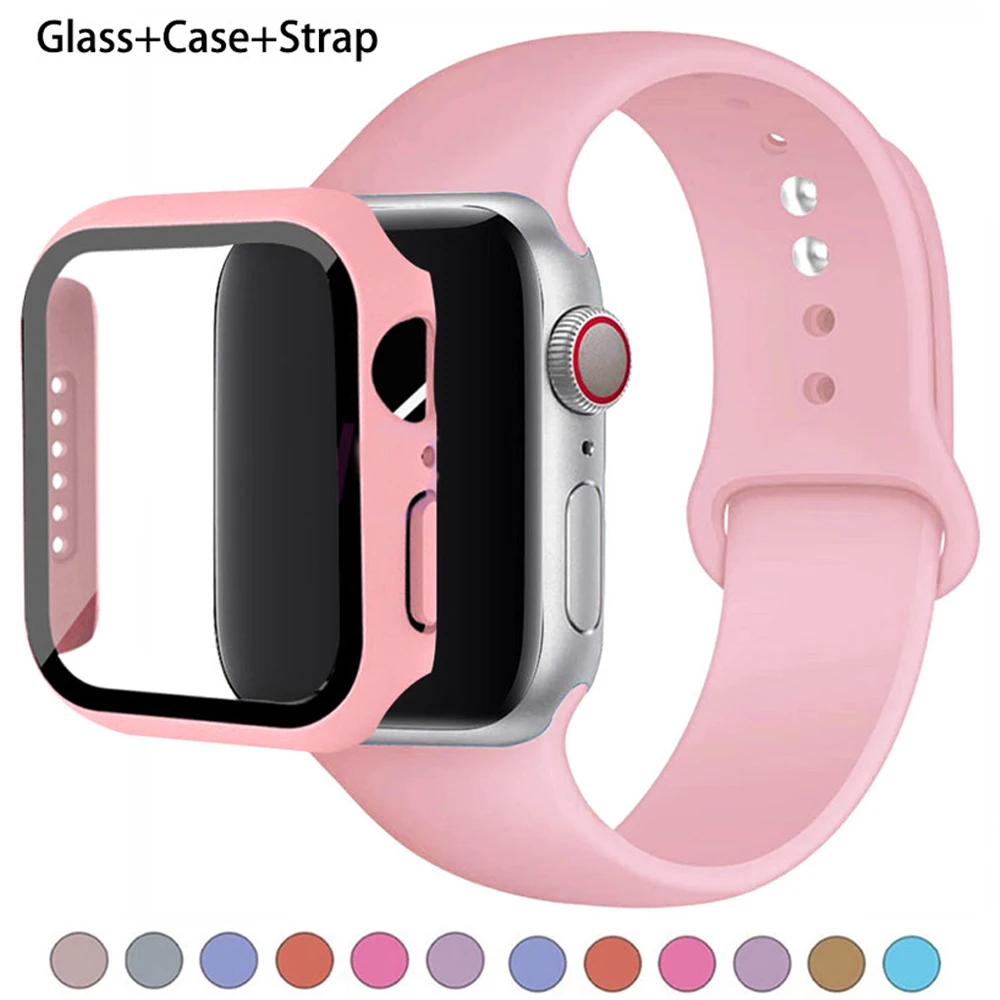 

Glass+Case+Strap For Apple Watch band 44mm 40mm 42mm 45mm 41mm 38mm Silicone watchbands bracelet iWatch series 7 8 9 6 5 4 3 SE