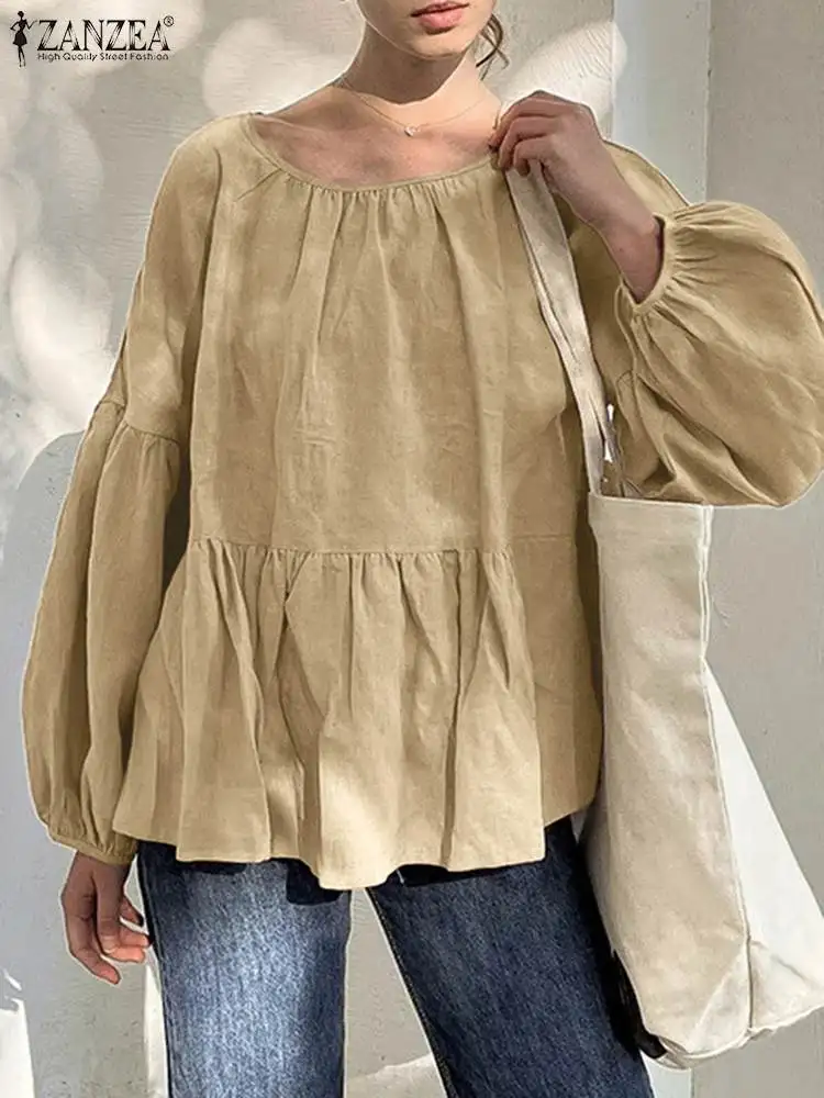 

ZANZEA Casual O-Neck Ruffle Shirt Oversize Women Cotton Blouse Fashion Solid Lantern Long Sleeve Tops 2023 Autmun Pleated Blusas
