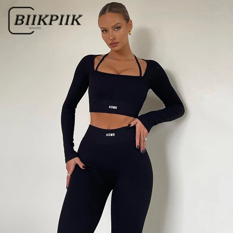 

BIIKPIIK Sporty Embroidery Women Sets Casual Solid Pants Suits Sexy Criss-cross Crop Top + Pants Jogging Fitness Basic Yoga Sets