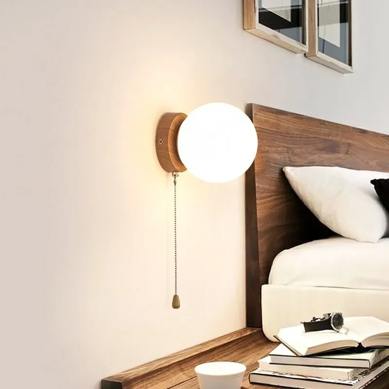 

Nordic LED Wall Lamp Modern Wooden Glass Orb Bedside Light Corridor Bedroom Living Rooms Study Aisle Illumination Fixture Lustre
