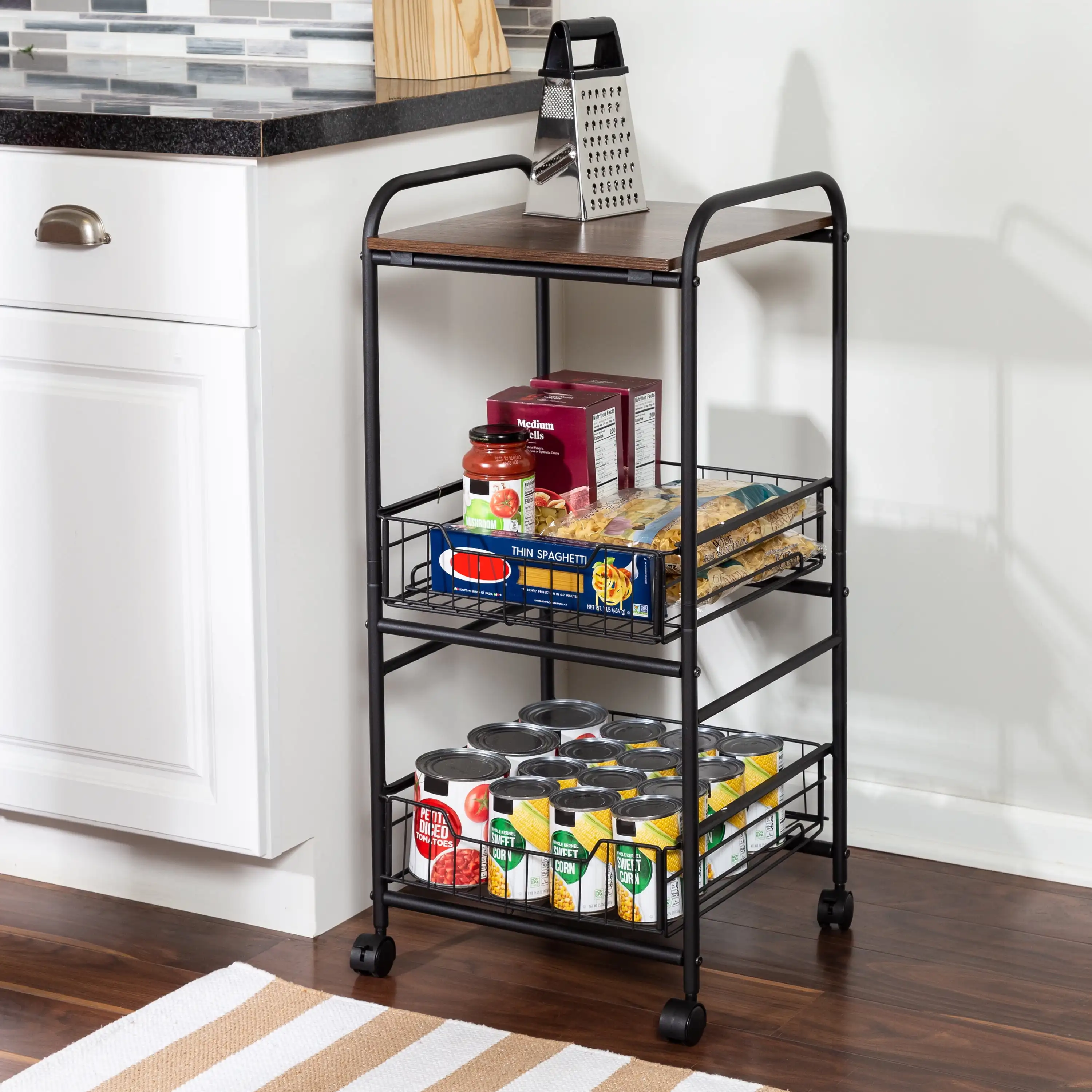 

Honey-Can-Do 3-Tier Rolling Kitchen Storage Cart with 2 Metal Basket Drawers, Black/Brown