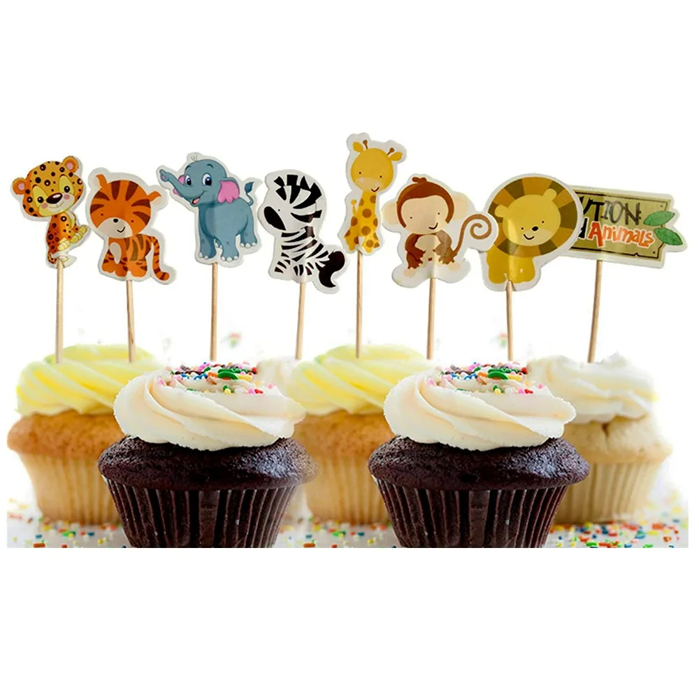 

24pcs/lot Jungle Animals Theme Happy Birthday Events Party Kids Favors Cake Toppers Decorations Baby Shower Cupcake Picks