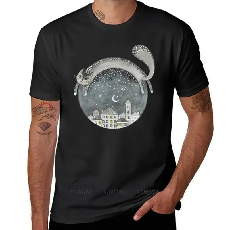 

Футболка с изображением кошки и ночного города, футболки для мальчиков, Мужская Дизайнерская футболка, Мужская футболка, Мужская хлопковая футболка