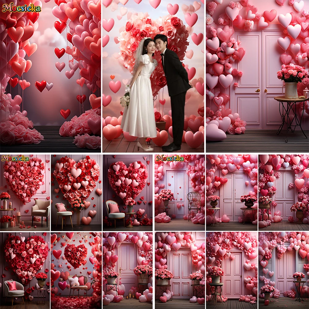 

Красный фон для студийной фотосъемки на День святого Валентина розовая дверь любовь воздушные шары цветы Декор Девушка влюбленная Свадебная фотосъемка