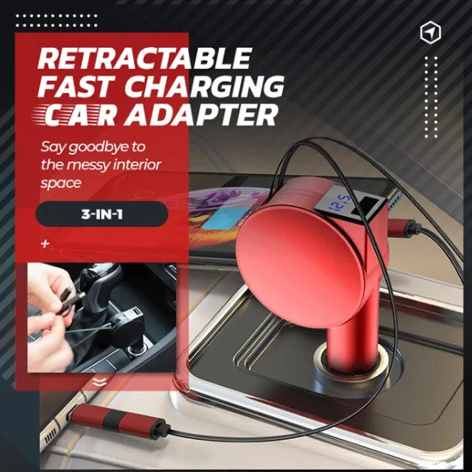 

3-in-1 Retractable Fast Charging Car Adapter Car Charger Car USB Socket QC4.0+PD Fast Charge For iPhone Android Type-C Phon B6P7