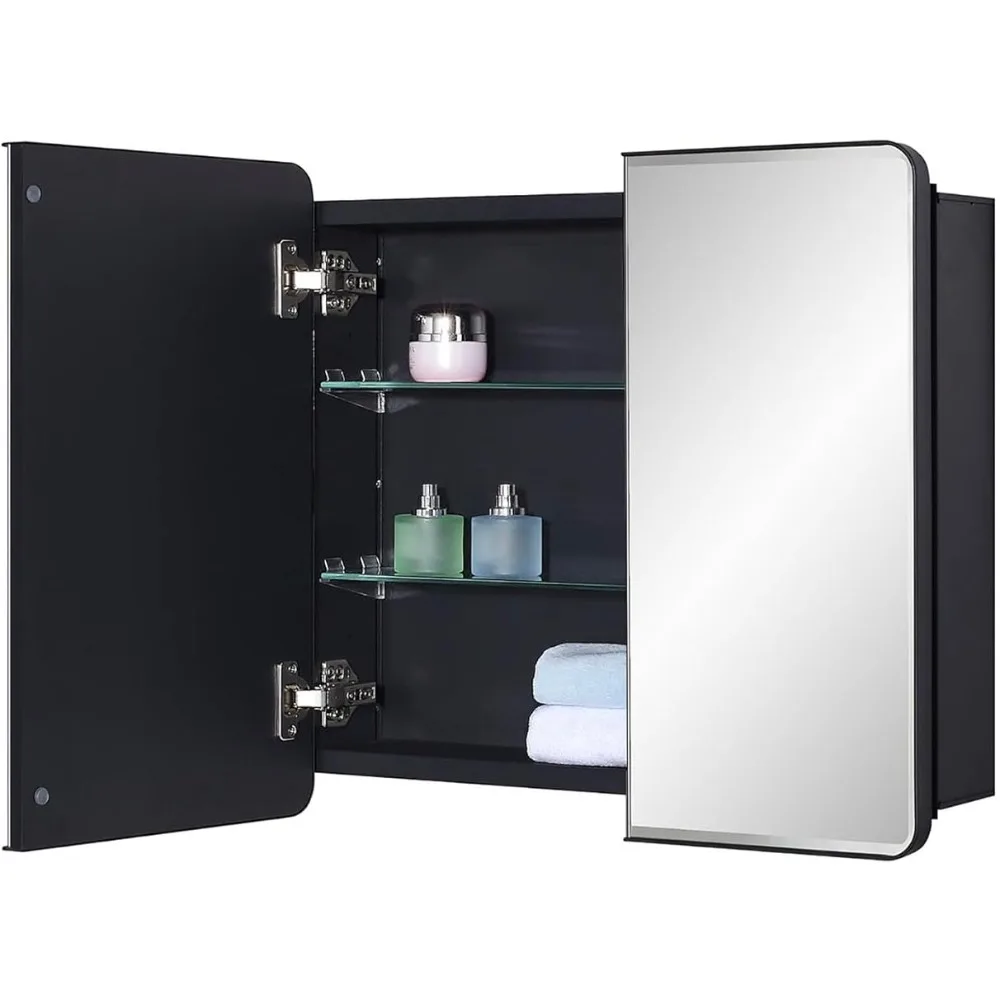 

Black Bathroom Medicine Cabinet with Round Corner Framed Door and Beveled Edge Mirror 22 x 20 inch, Recessed or Surface Mount,