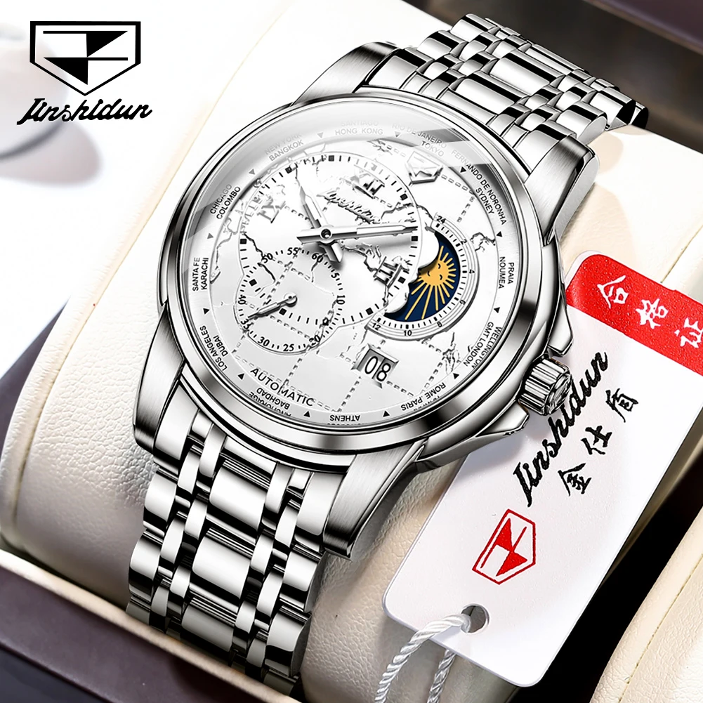 JSDUN-Montre-bracelet de Luxe pour Homme, existent, Mécanique, Étanche, Indépendant, Seconde Main, Phase Solaire, Affichage de la Date 1