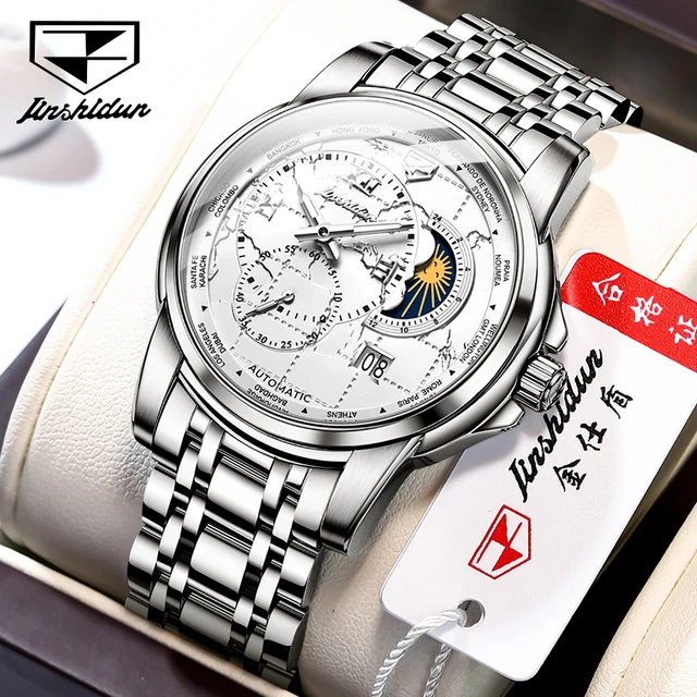 JSDUN-Montre-bracelet de Luxe pour Homme, existent, Mécanique, Étanche, Indépendant, Seconde Main, Phase Solaire, Affichage de la Date 1