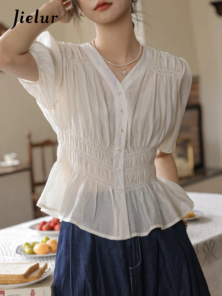 

Jielur Рубашка Женская плиссированная с зауженной талией, однотонная блуза с пышными рукавами и V-образным вырезом, простая одежда для работы во французском стиле, лето