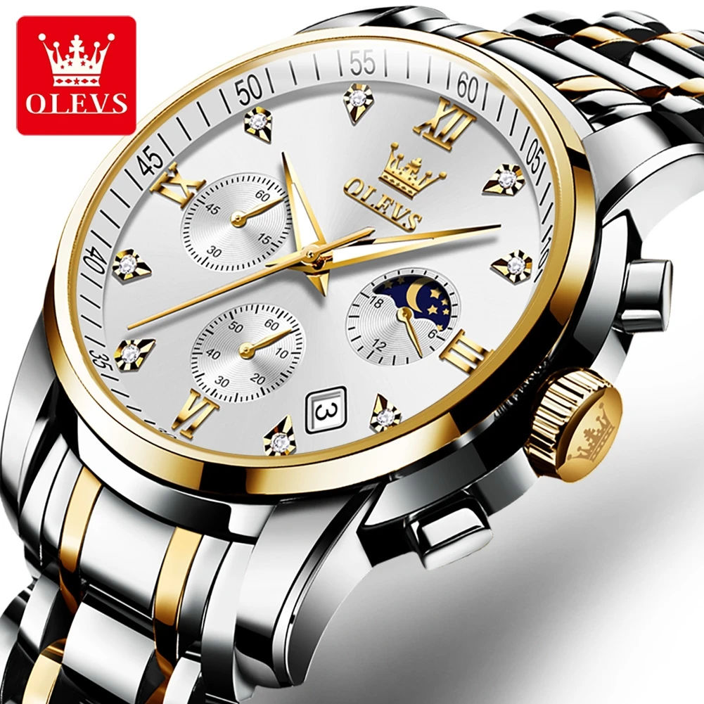 

OLEVS Luxury Top Brand Quartz Watch for Men Stainless Steel Waterproof Chronograph Sports Date Clock Moon Phase Men's Wristwatch