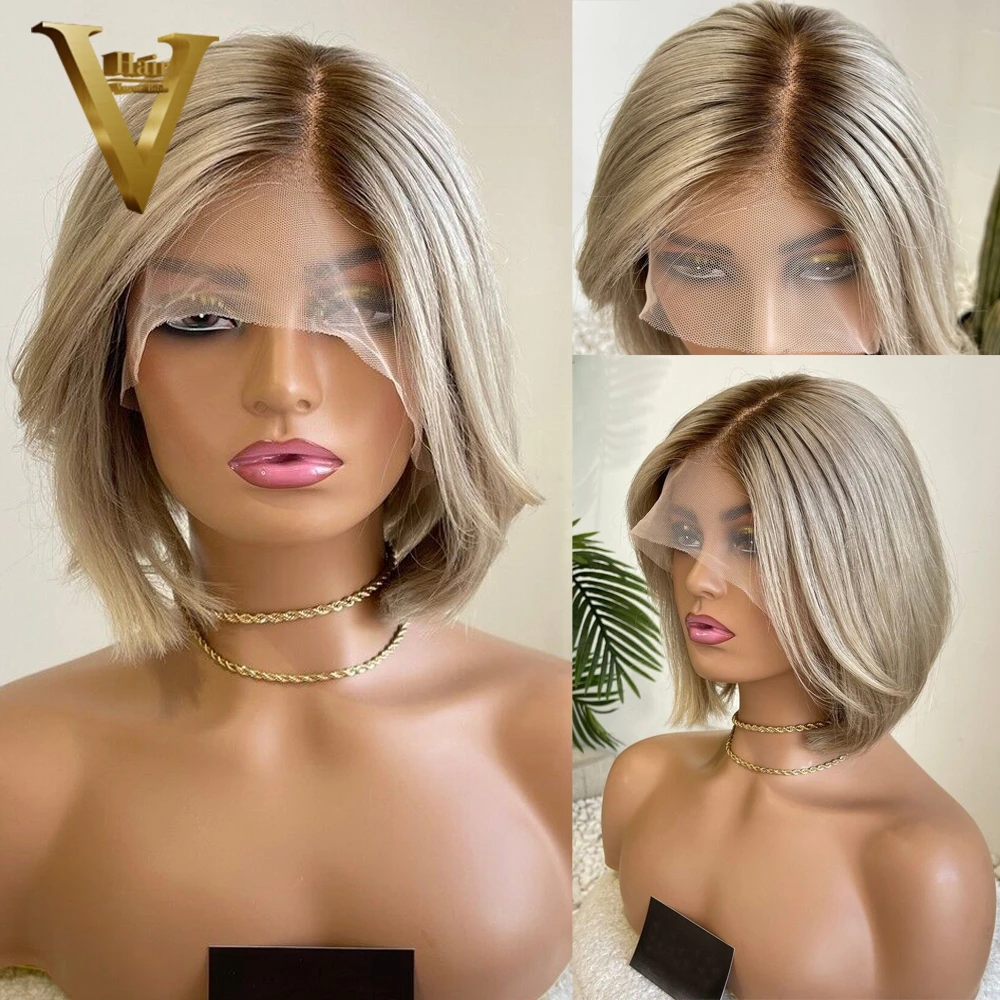 

Ombre Ash Blonde Colored 13x4 Lace Front Short Bob Wig Glueless Pixie Cut Straight Human Hair Closure Frontal 613 Wigs For Women