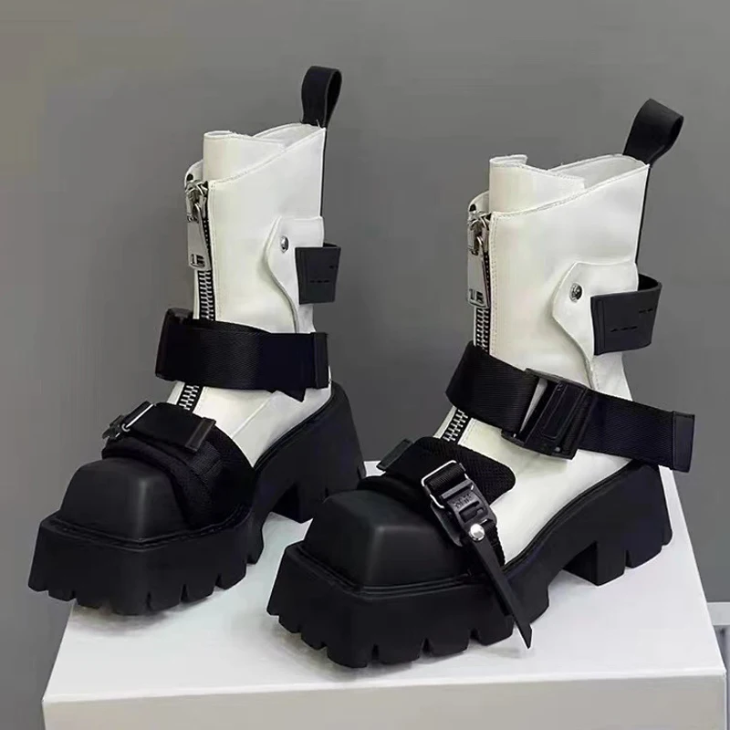 

Square Toe Colorblock Zip Front Booties Platform Leather Ankle Boots Belt Buckle Chelsea Botines Femininas Women Shoes Zapato