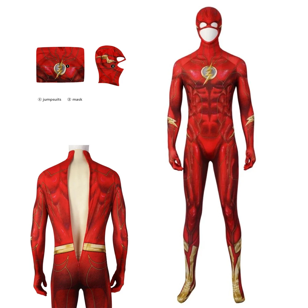 

Superhero Barry Allen role-playing costume mask spandex men's Zentai jumpsuit with latex mask tight fitting Halloween costume