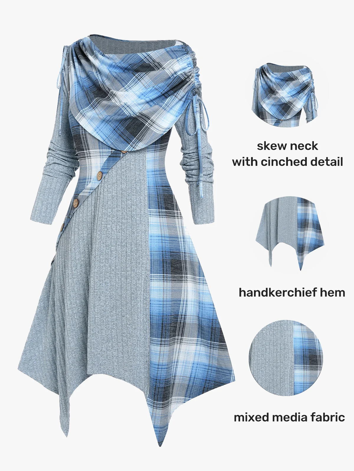 

ROSEGAL Fall Winter Women's Knitted Dresses New Skew Collar Long Sleeves Cinched Foldover Plaid Handkerchief Dress Vestidos 5XL