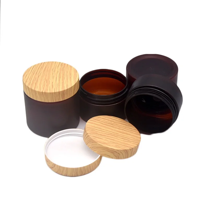 

24Pcs Plastic Cream Jar Wide Mouth Refill Bottle False Wood Lid Frost Brown Empty Cosmetic Containers 100g 120g 150g 200g 250g