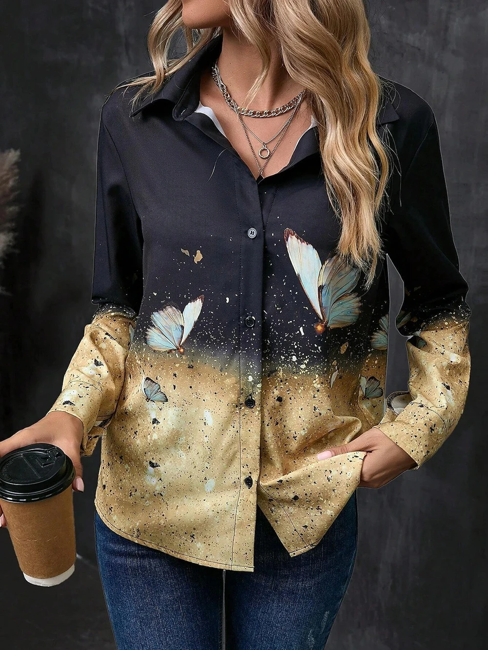 

Women's Shirt Blouse Color Block Butterfly Black Print Button Long Sleeve Casual Fashion Shirt Collar Regular Fit Spring & Fall