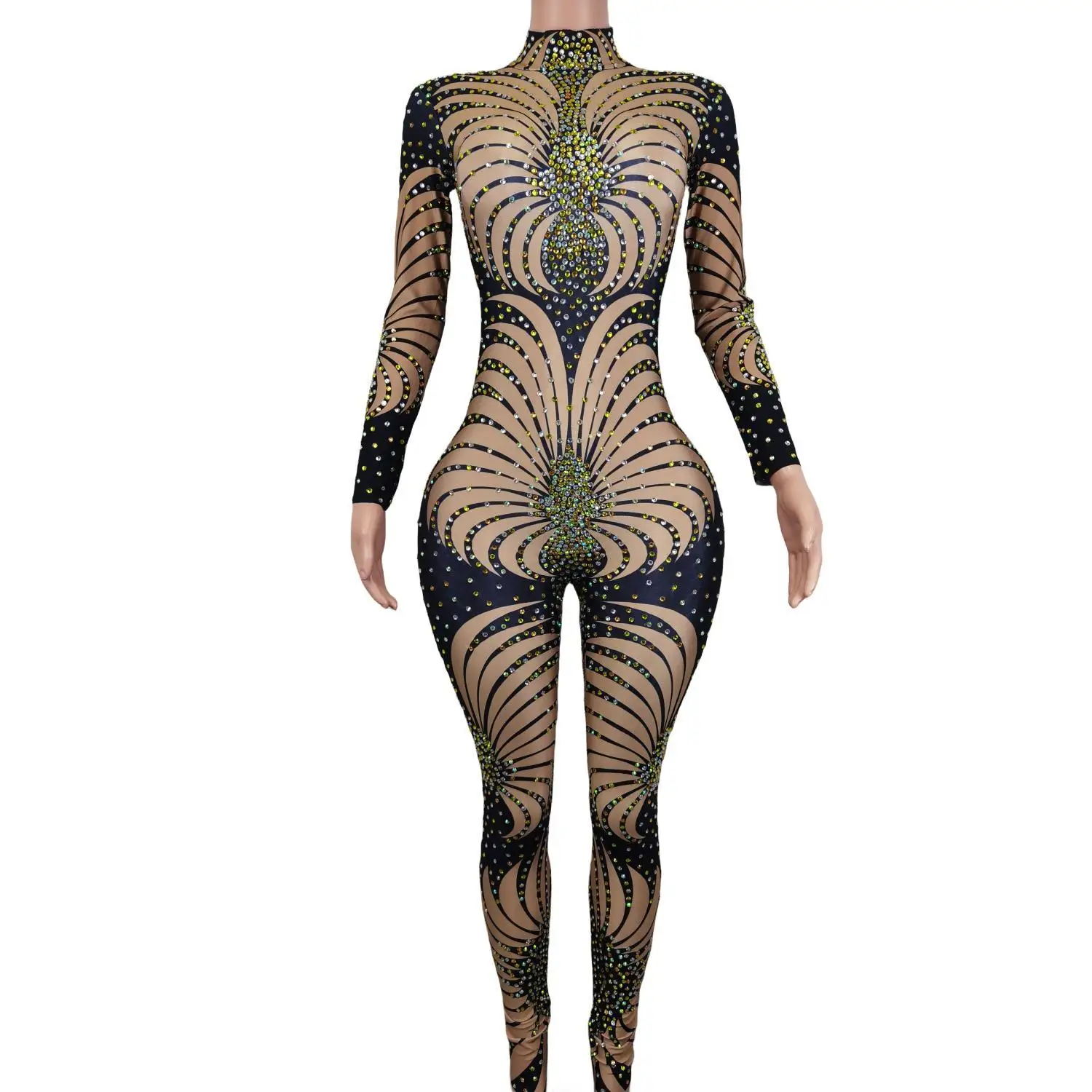 

Fashion Women Diamoud Spandex Rompers Bodycon Stage Costumes Performance Leotards Shining Rhinestone Ladies One Piece Jumpsuit