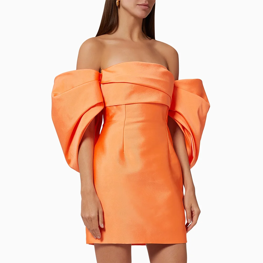 

Orange Cocktail Dresses Off the Shoulder Sheath/Column Satin Cocktail Gowns for Women 2024 Mini Backless Short Homecoming Dress