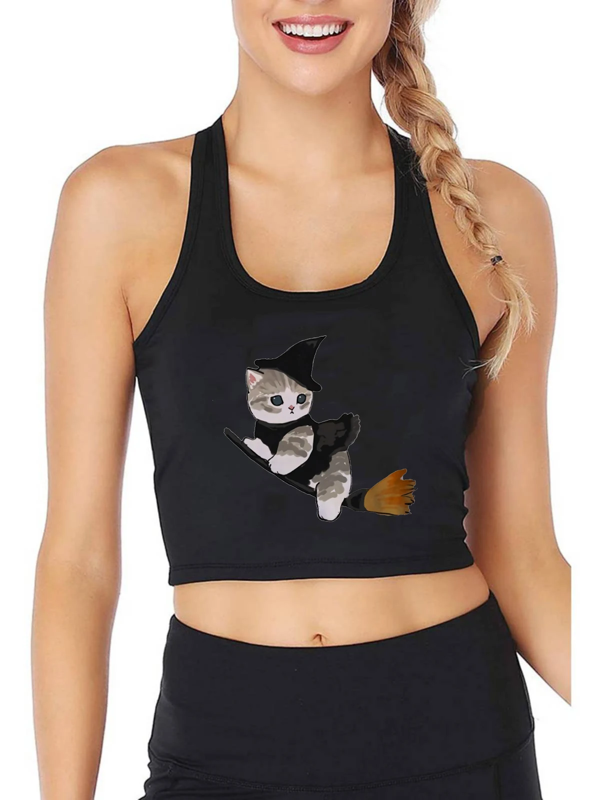A Cat Riding A Broom Graphic Sexy Slim Fit Crop Top Magic Cat Design Cotton Breathable Tank Tops Funny Training Camisole
A Cat Riding A Broom Graphic Sexy Slim Fit Crop Top Magic Cat Design Cotton Breathable Tank Tops Funny Training Camisole