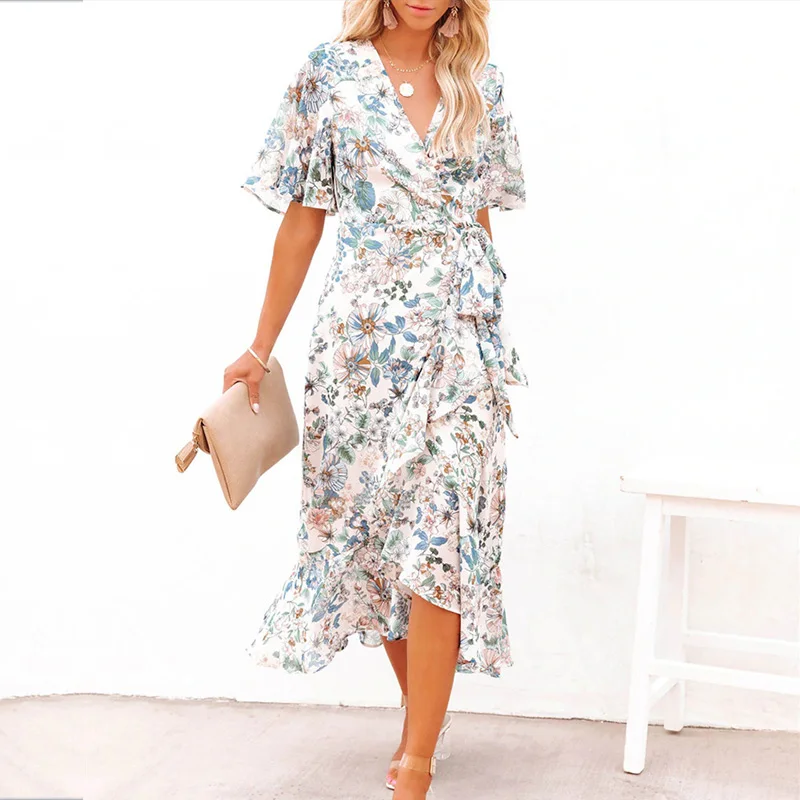 Bohemian Chiffon Women Long Wrap Dress Beach Holiday Robe Elegant Floral Print V Neck Rufles Loose Dress Summer vestido feminino
Bohemian Chiffon Women Long Wrap Dress Beach Holiday Robe Elegant Floral Print V Neck Rufles Loose Dress Summer vestido feminino