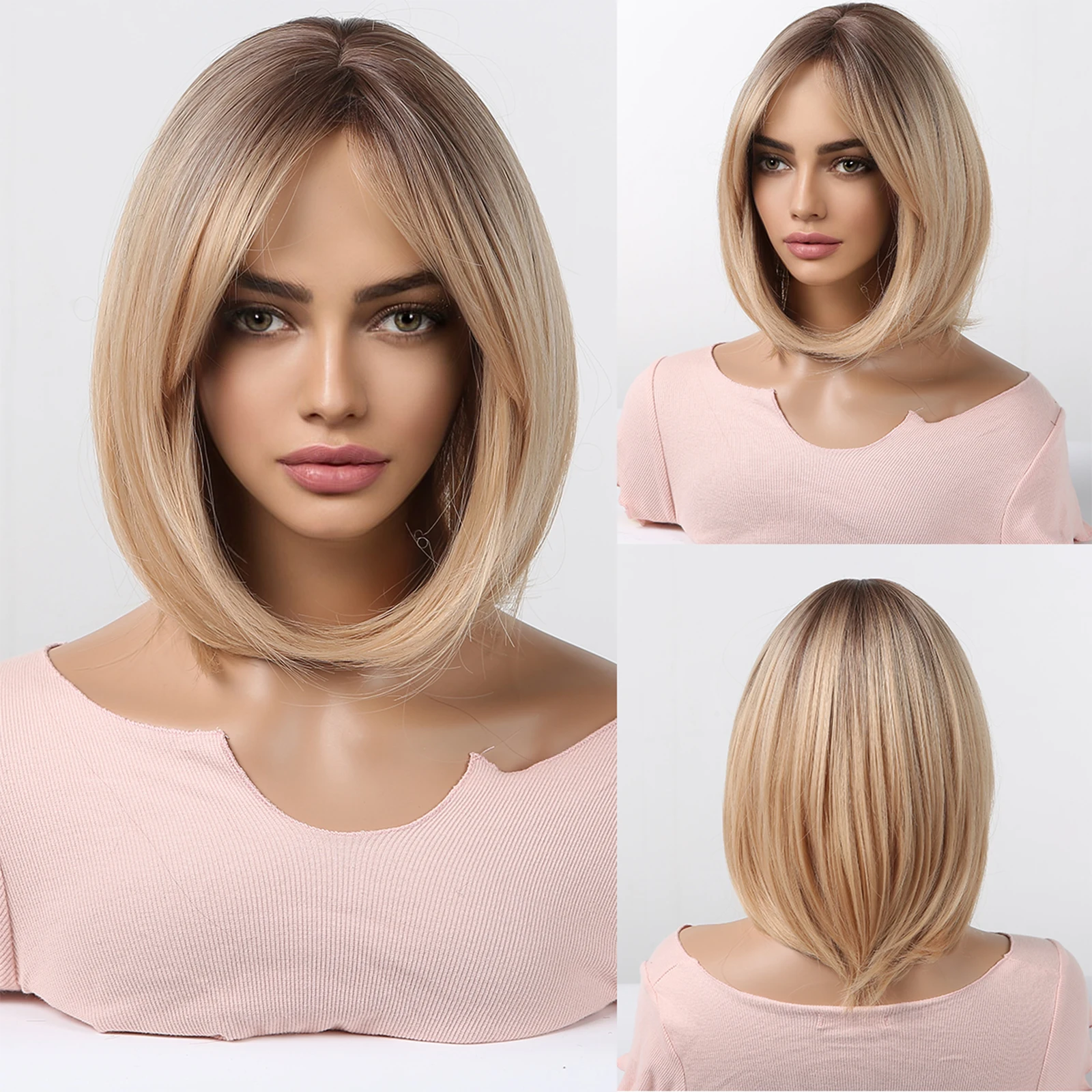 

EASIHAIR Ombre Blonde Brown Short Straight Synthetic Wig Bob Daily Natural Hair for Women Cosplay Wig with Bangs Heat Resistant