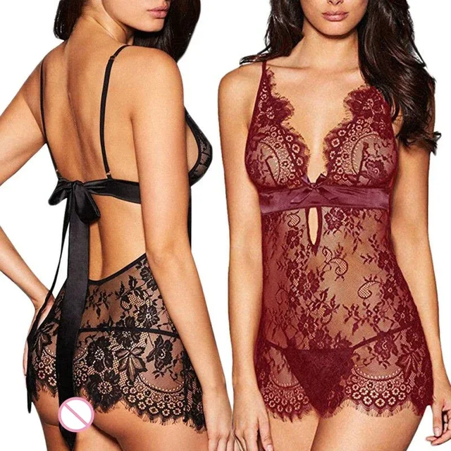 Nuisette sexy en dentelle pour femmes 7.0, sous-vêtements, lingerie féminine, dos nu, chemise de nuit transparente 2